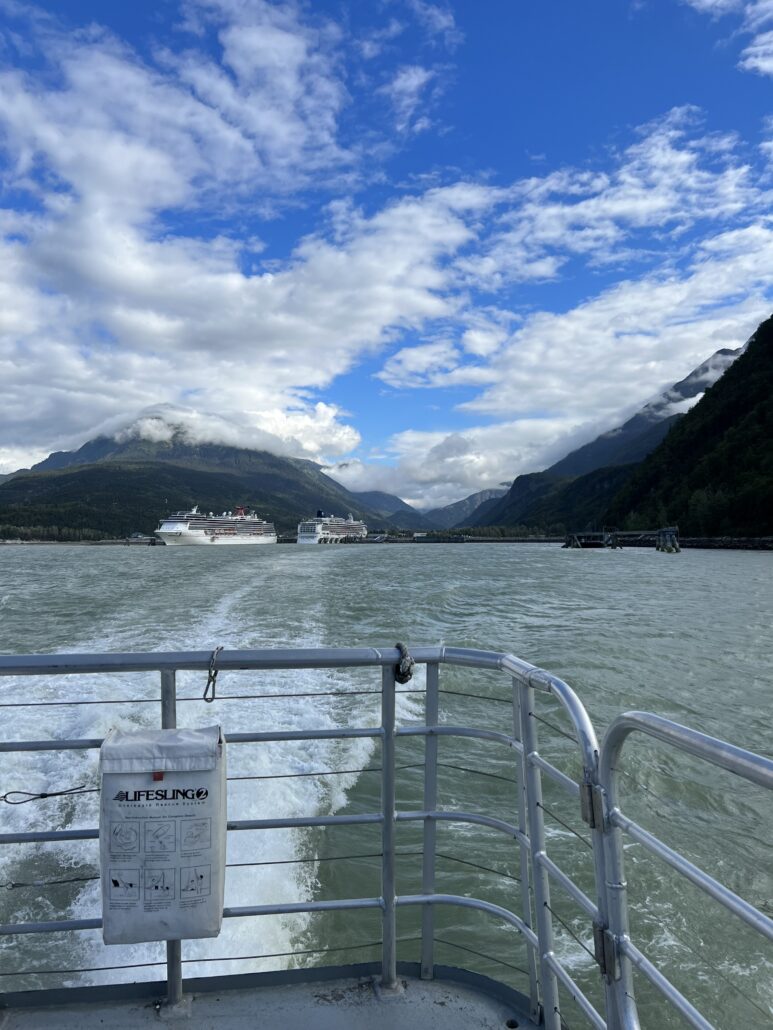 View of the Gulf of Alaska and the Skagway mountains in Alaska from the ferry that connects Skagway, Haines, and the capital city, Juneau. 
