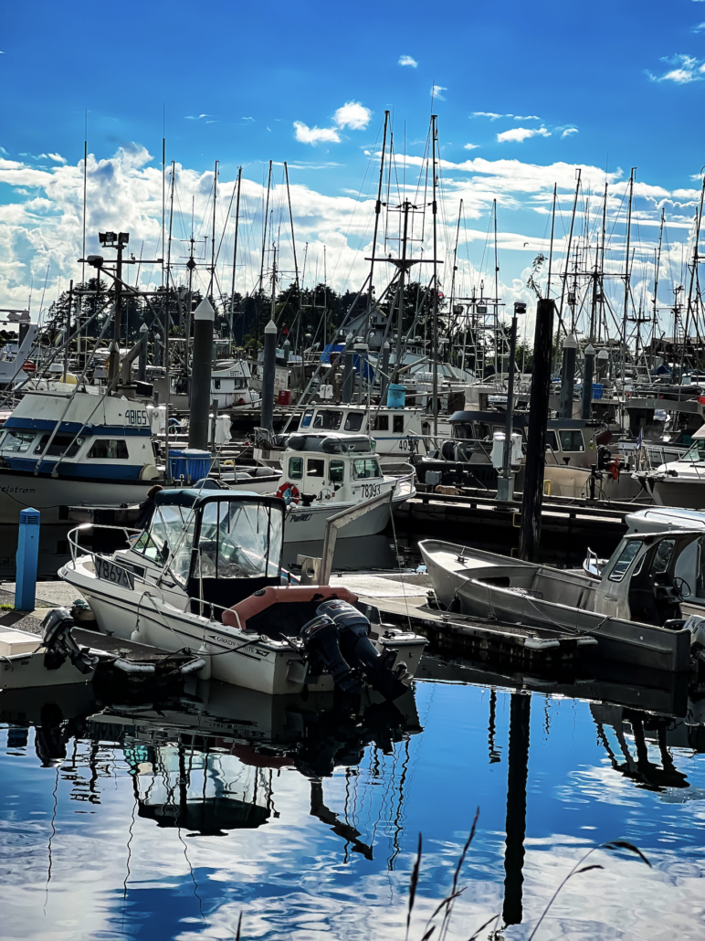 Fishing boats docked on the waterfront in Sitka, Alaska
