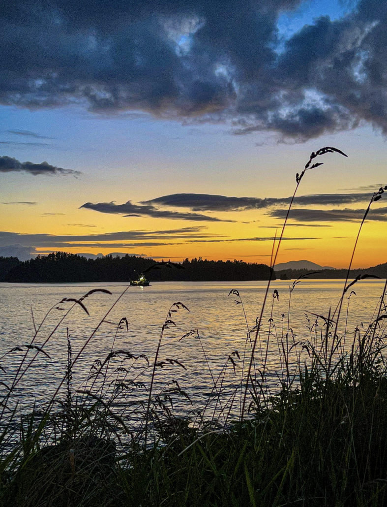 The sunset on the Gulf of Alaska with a fishing boat on the water