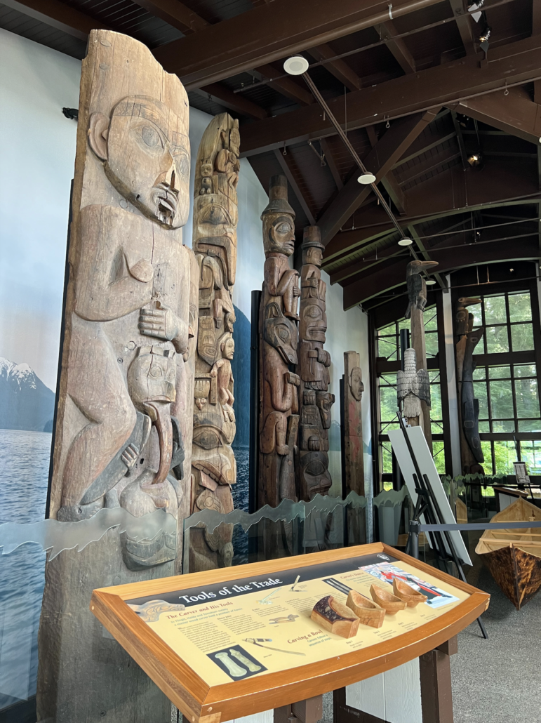 totem poles at the National Historic Park visitor center in Sitka
